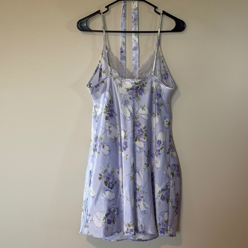 Vintage Gilligan O'Malley Floral Satin Robe Chemise Set Lilac Nightgown Medium - Picture 4 of 9